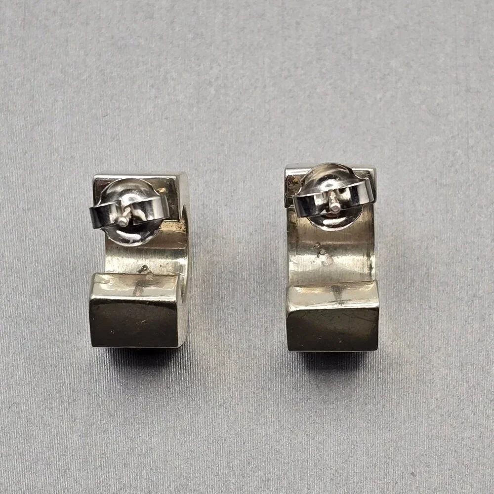 Sterling Silver Geometric C-Hoop Earrings Bold .75" Modern Hexagon Design - Picture 6 of 13